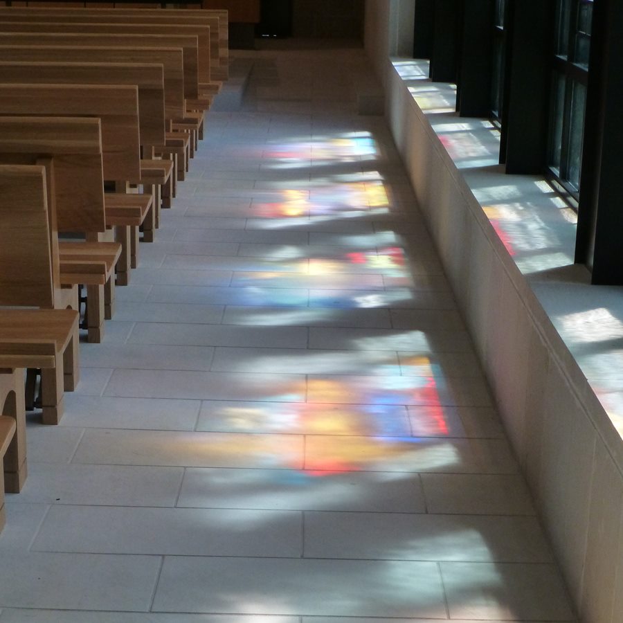 Pew and stained glass in Omaha July 2018 Virtues-900pxsq